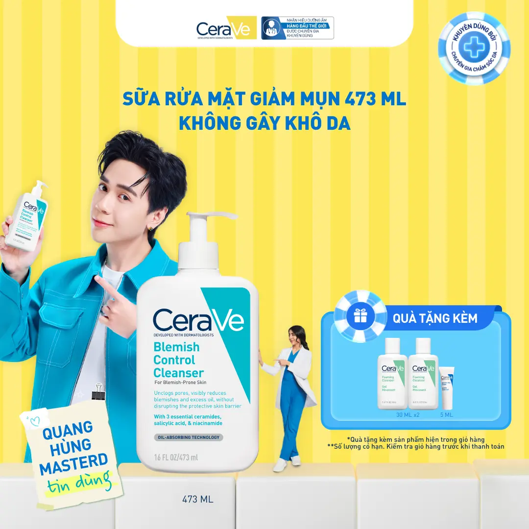 Sữa rửa mặt giảm mụn CeraVe Blemish Control Cleanser 473ml. Sữa rửa mặt dịu nhẹ giúp làm sạch bã nhờn dư thừa và giảm mụn với AHA & BHA, không làm tổn thương hàng rào bảo vệ da. DÙNG CHO DA MẶT_ Chăm sóc da_Skincare cho Nam và Nữ_Cleansing