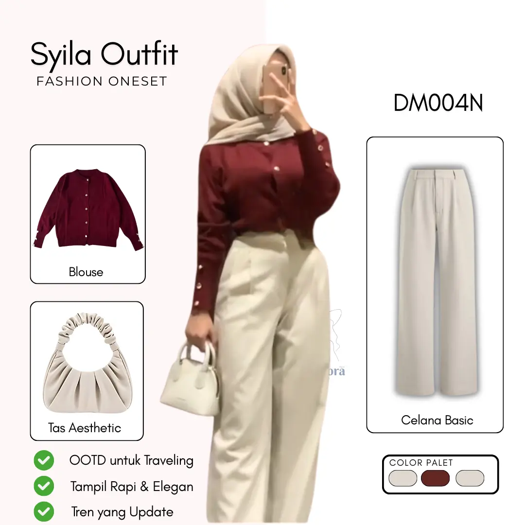 one set outfit remaja 3in1 ( Cardigan Starla + Celana Ivory + Tas Aesthetic ) DM004N setelan Baju Muslim Panjang Rib Wanita Atasan Jilbab Casual Kulot