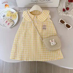 kebei-Pakaian Idul Fitri Anak Perempuan Model Baru 2026，Gamis kotak-kotak kuning muda untuk gadis, gaun putri dengan kerah doll gaya Korea, cocok untuk usia 1-8 tahun, gaya manis dan sega Kid