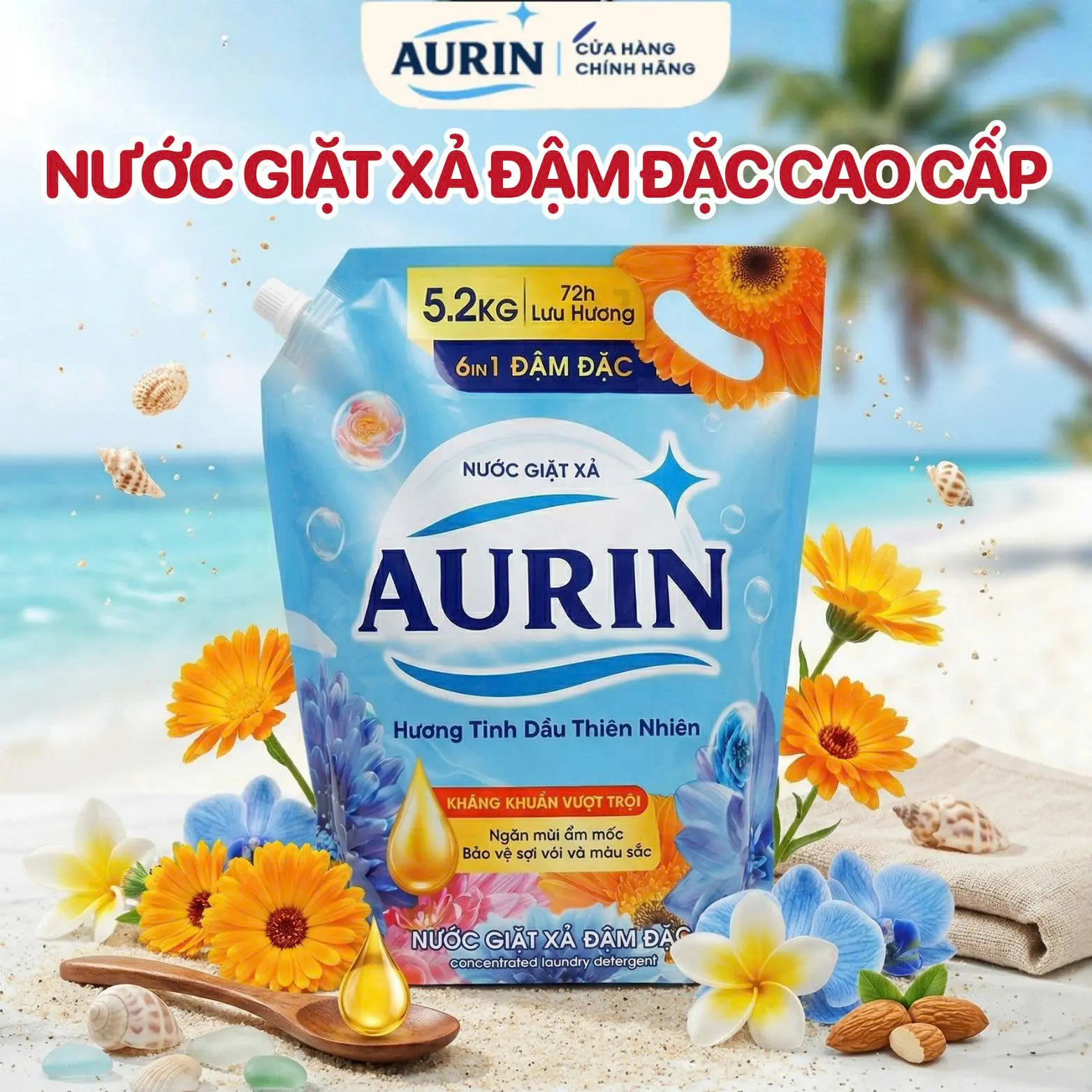 MẪU MỚI SIÊU TIẾT KIỆM Túi 5kg2 Nước Giặt Xả Cao Cấp AURIN - Hương Tinh Dầu Thiên Nhiên Dịu Nhẹ Làm Sạch Tốt Bền Màu Quần Áo Lưu Hương Dài Lâu