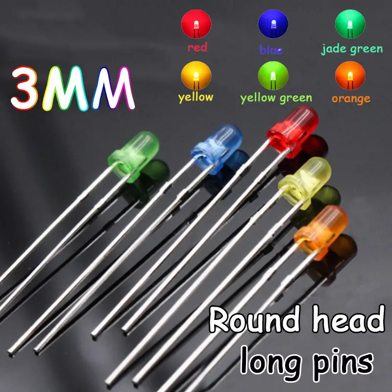 LED LED light emitting diode F3/3mm round head with side long feet with color bright red blue green yellow straight insert LED lamp beads