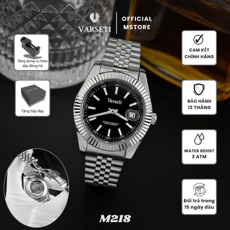 ĐÌNH TRƯỞNG M218 - Đồng hồ Cơ Varseti Automatic nam dây thép bạc – Mặt đen sunburst tối giản vành khía fluted cá tính lịch ngày kính lúp 3h – Lưng lộ máy chống nước 3ATM