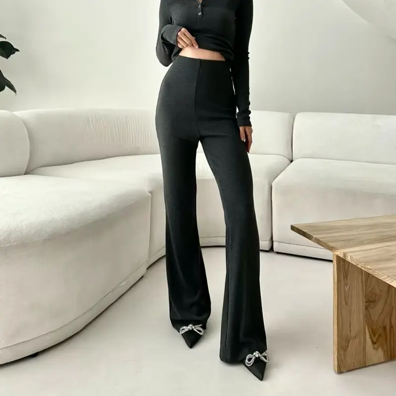 Flare Pants Cutbray Wanita Highwaist Rib Knit Premium Melar Celana Panjang Cewek Hitam Bawahan Nyaman Fleksibel untuk Santai & Formal