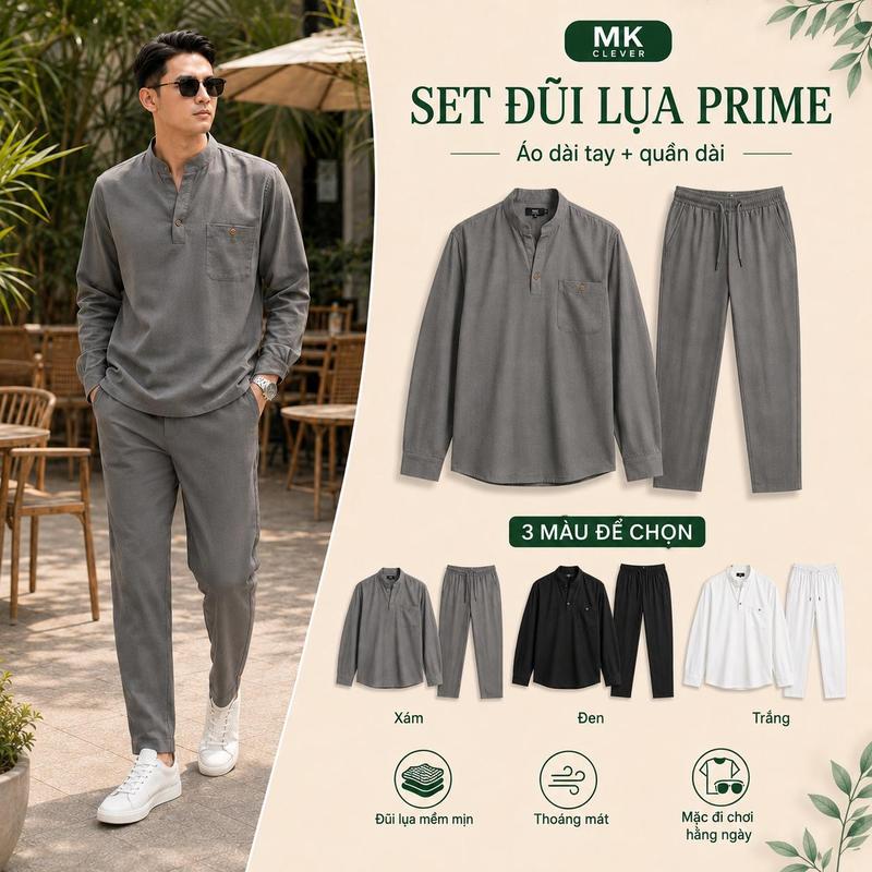 Bộ Đũi Lụa Dài MK CLEVER, Chất Liệu Vải Đũi Mềm Mại, Nhẹ Nhàng, Thoáng Khí. Áo Menswear Pants