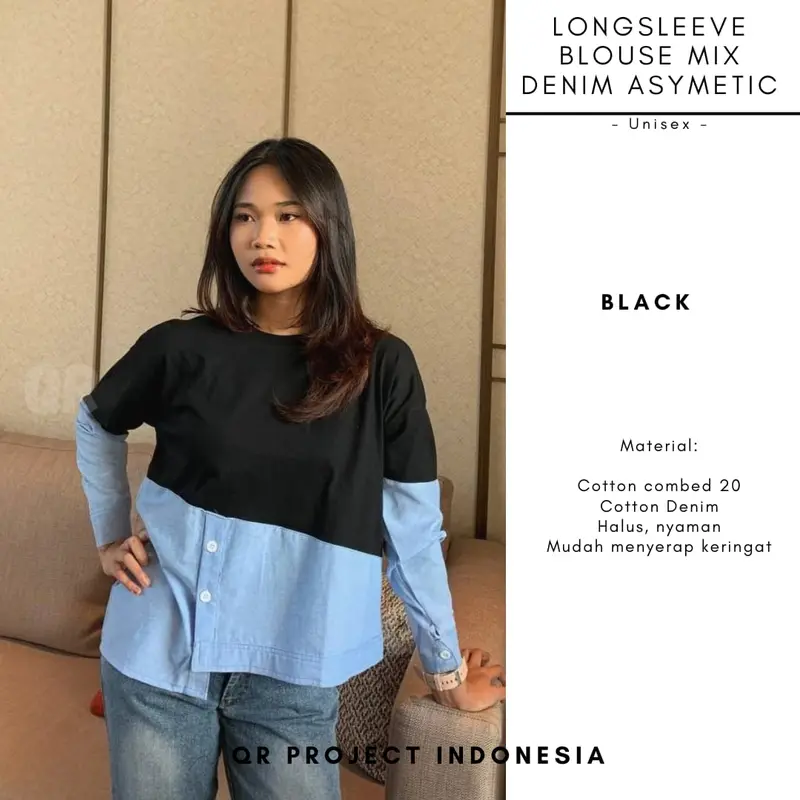 Kaos Blouse Atasan Wanita Double Layer Cotton Combed Mix Denim 5