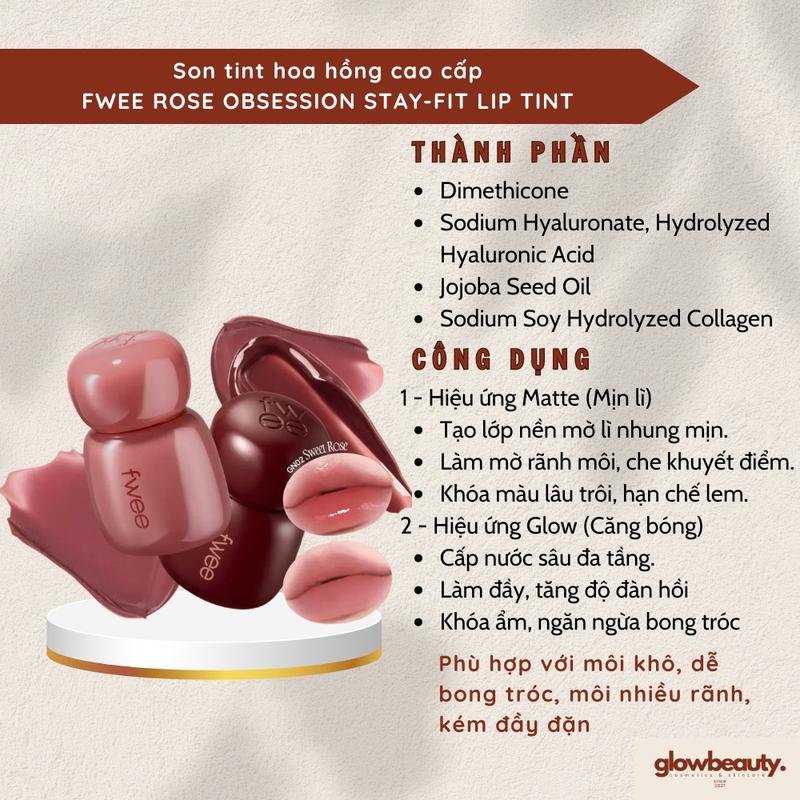 Son tint hoa hồng cao cấp FWEE Rose Obsession Stay-fit Lip Tint - Cấp nước,…