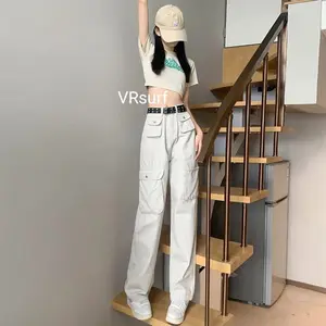 Cargo Denim Celana Cargo Jeans Wanita Pasir Putih Highwaist Loose Celana Jeans Wanita Korea(realpict)