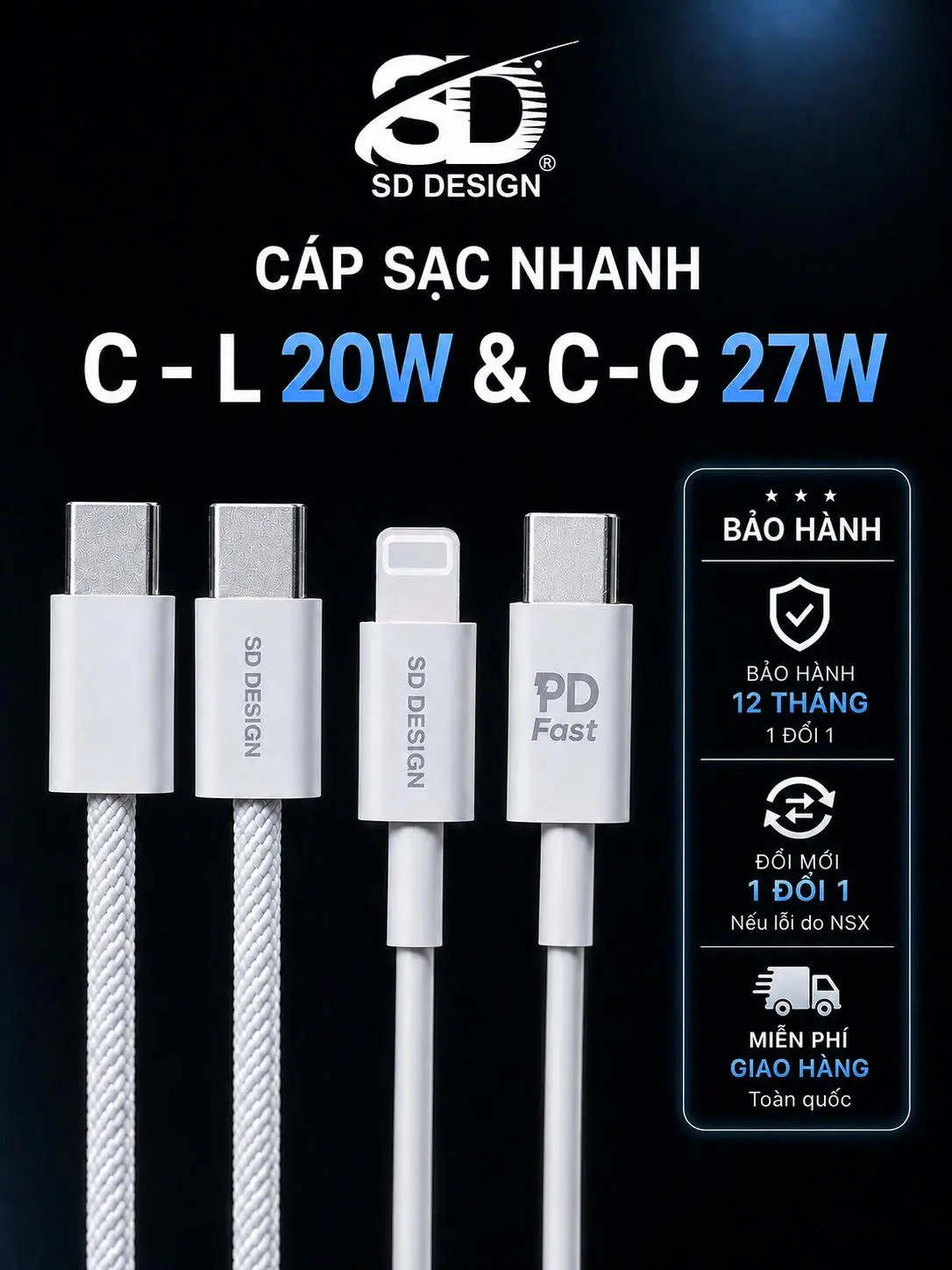 Cáp sạc nhanh  chính hãng SD Design L10, Type C Sang LLightning 18w- 20W, Type C Sang Type C 27W  sạc ổn định cho điện thoại