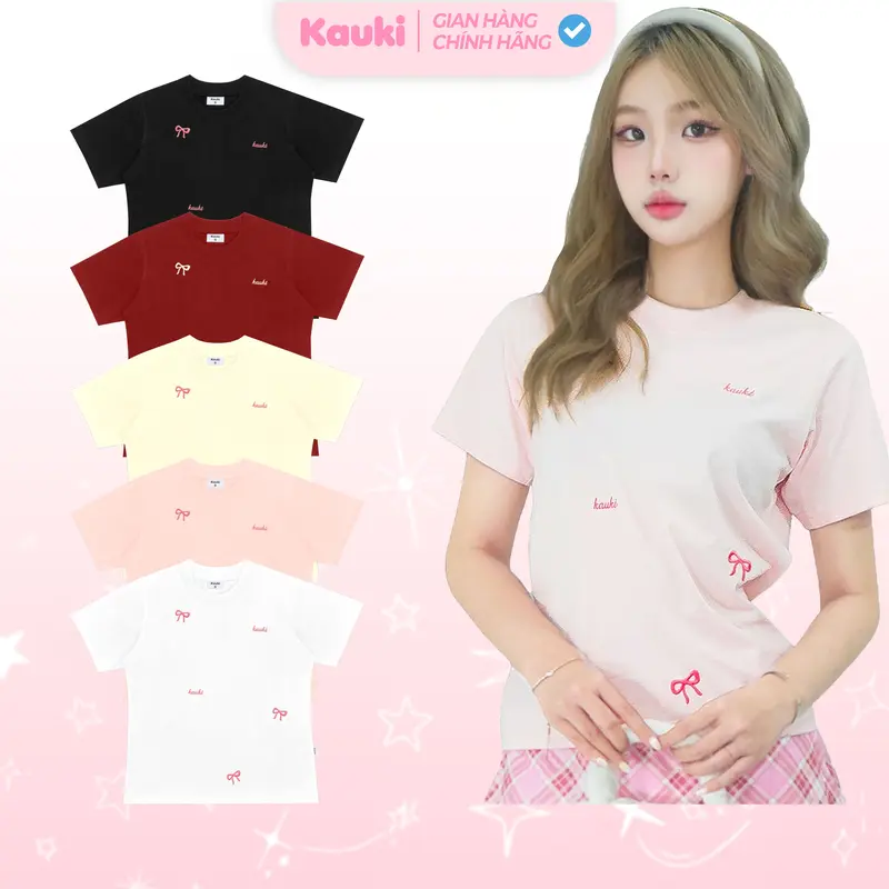 Áo thun Baby Tee Cotton Cổ Tròn Kauki Thêu Nơ Hồng Tay Ngắn 250gsm Nữ Top BBT5 Women 6