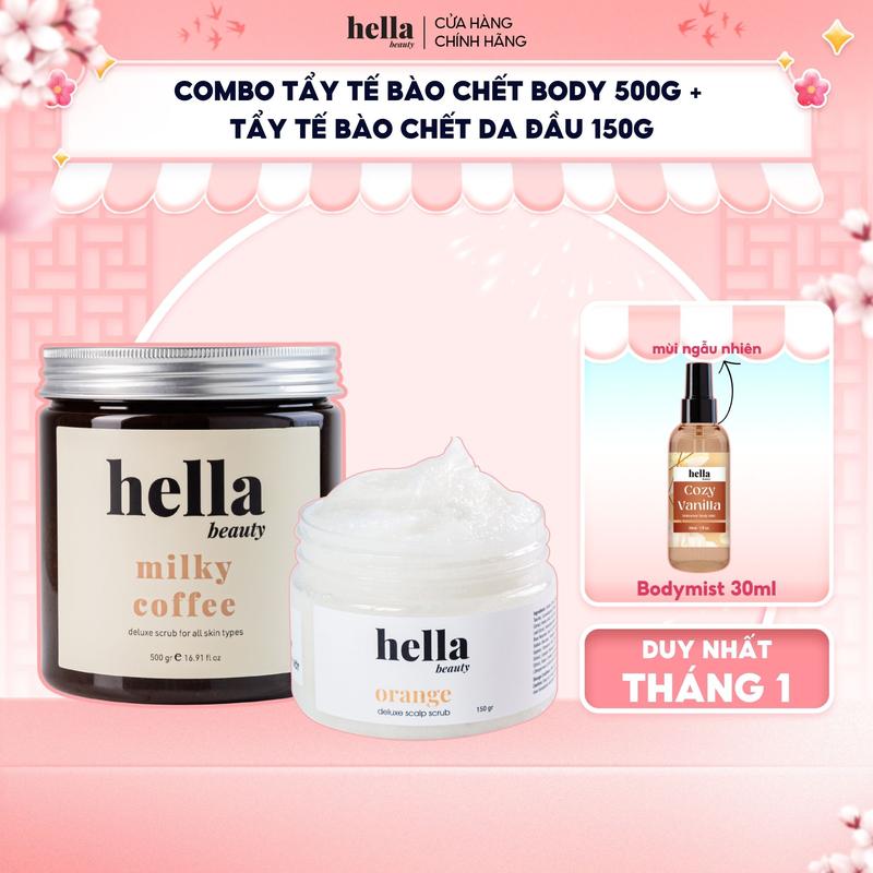 Combo Tẩy tế bào chết body Hella Beauty 500g + Tẩy tế bào chết da đầu tinh chất quả cam Hella Beauty 150g