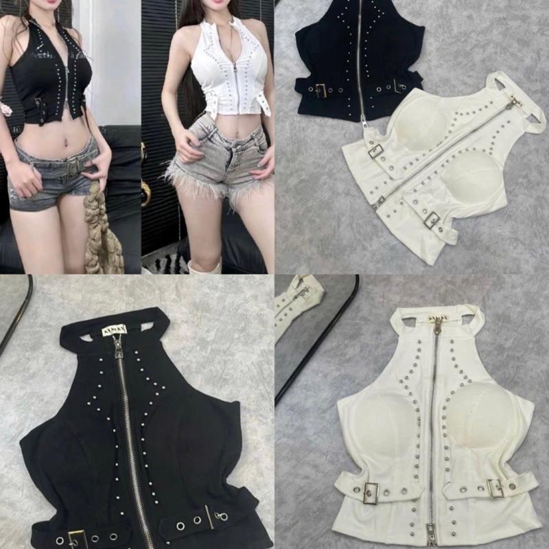 Áo thun cổ yếm đính hạt dây đai có mút fom ôm body dán ngắn thun borrip lụa-hanhnguyenstore90 