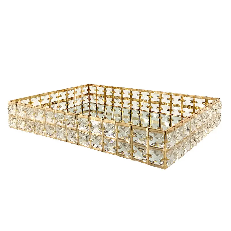 Nampan Kaca Kristal Gold Gagang Diamond Europe Gold Tray / Pajangan Nampan / Dekorasi Home Decoration Kitchenware 6