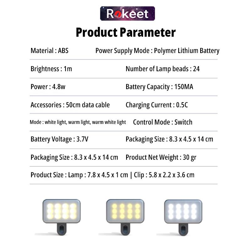 Rokeet Selfie Light Portable Mini Fill Light Clip Lampu Live Streamer LED Universal Phone Tab 5