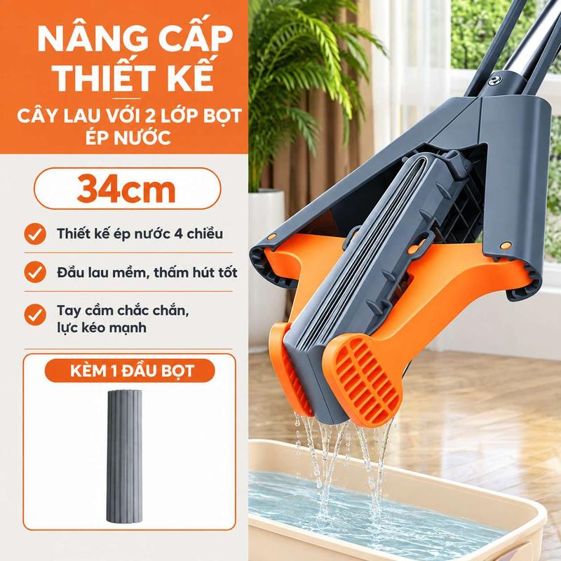 Cây lau nhà bọt biển chất liệu PVA cao cấp, có thể gập đôi để vắt nước, không cần rửa tay, công cụ làm sạch sàn gỗ và gạch men gia đình với khả năng thấm hút mạnh mẽ, đầu lau có thể thay thế (màu cam đen)
