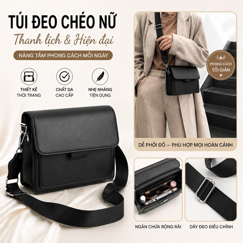Túi đeo chéo nữ dáng hộp thời trang, quai bản rộng dễ điều chỉnh, ngăn chứa…