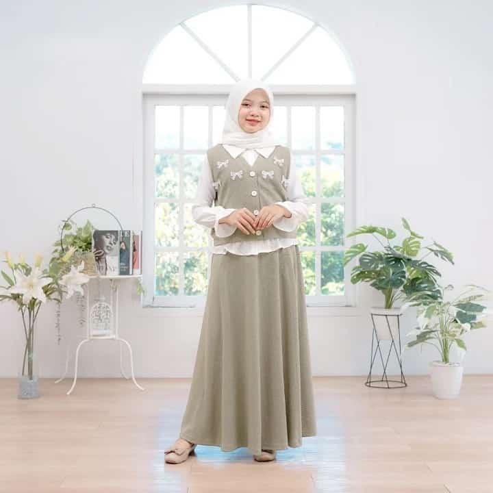 Product Introduction of COD SETELAN ROK KNITT MIX POLO LINEN ANAK PEREMPUAN TANGGUNG SAKHIRA SET 3IN1 SIZE M-L  Fashion Wanita Muslim Atasan Pita Bordir 4