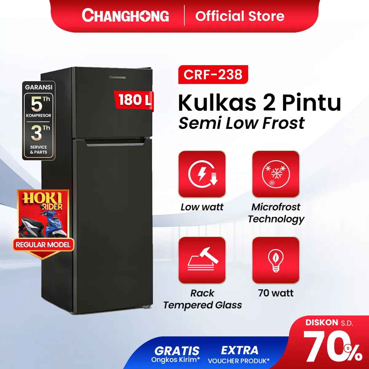 CHANGHONG Kulkas 2 Pintu 180L Black CRF-238
