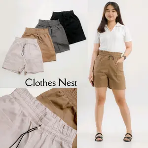 Hot Pants - Celana Pendek Wanita Pinggang Karet Highwaist Katun Twill Combed Premium Melar/Stretch Tebal Nyaman | Standar Jumbo Shorts Hitam