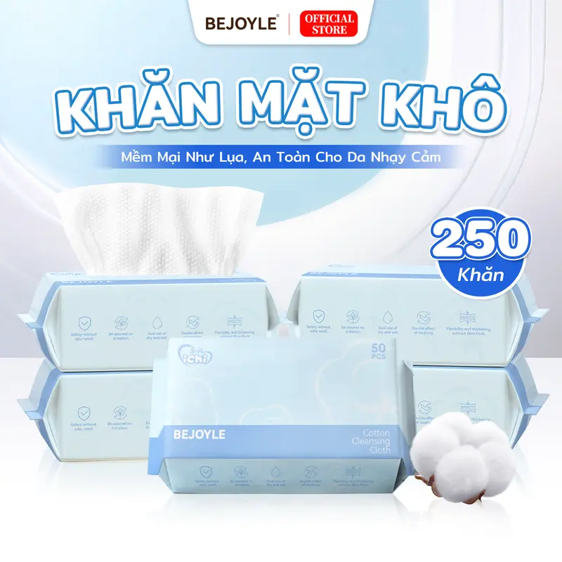 【Mua 3 tặng 2】Combo 5 Gói Khăn mặt khô Bejoyle dùng 1 lần cao cấp Khăn lau mặt dùng một lần không vi khuẩn khăn ướt Làm Đẹp Da Chăm Sóc Da mềm mịn - vệ sinh - tiện dụng 50 khăn/gói kích cỡ 15x20cm Tẩy trang