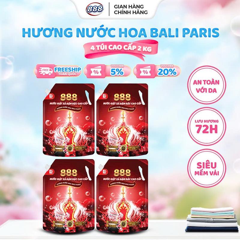   Combo 4 túi   Nước giặt Xả 888 Hương Nước Hoa Bali Paris 2Kg túi lưu hương 72 giờ   ko hại da tay   công nghệ châu âu   bền màu áo quần   PP chính hãng D-Shinning   siêu mềm vải   giặt được cửa trước và cửa trên 