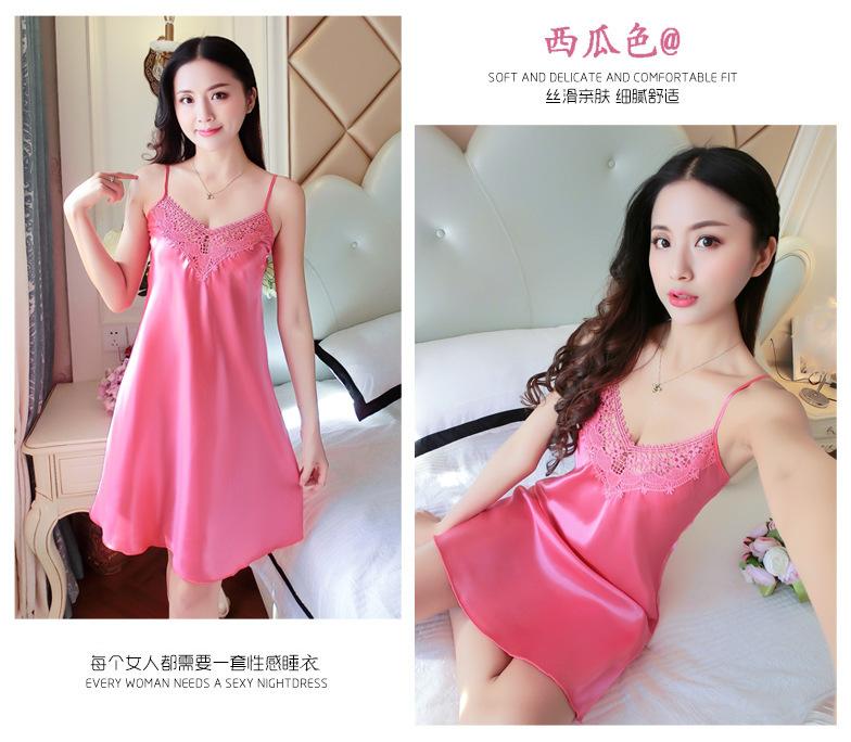 Product Introduction of 2021 New sexy camisole nightgown for women, deep V-shaped backless imitation silk pajamas, lace Japanese home clothing, cross-border 13