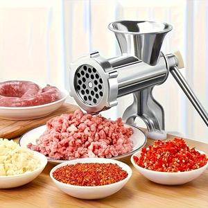 Triturador manual resistente con llenador de salchichas, acero inoxidable, manivela, placas para salsichas caseras, carne y verduras, sin electricidad, ideal para cocinas, tiendas y granjas.