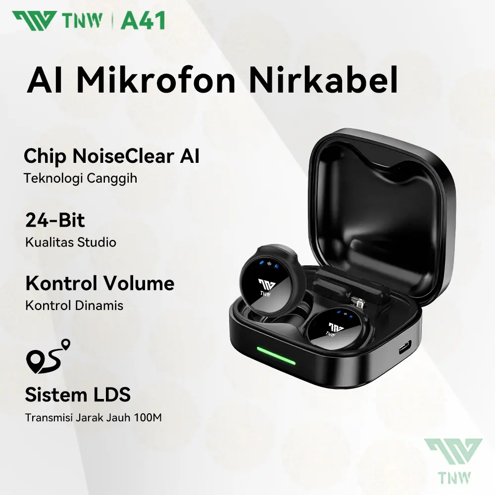 TNW A41 AI Wireless Microphone Professional Wireless Lavalier Mic 2-in-1 Magnetic Mikrofon AI Noise Canceling dengan Charging Case for Android/ iPhone