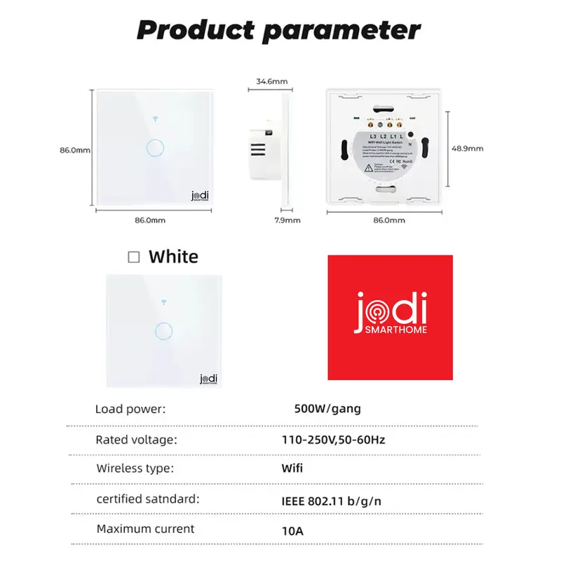 JODI Smart Light Wall Switch Touch WiFi Auto Google Assistant - EU 1 Gang White / Black Home IOT Automation Google 3