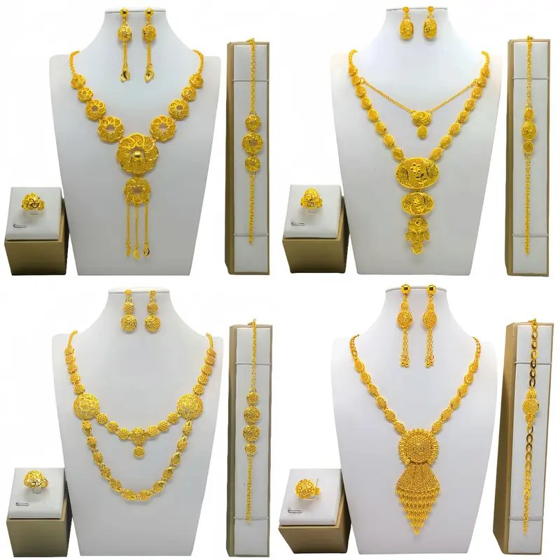 4PCS Ethnic Style Dubai Indian Bride Necklace Earrings Big Pendant