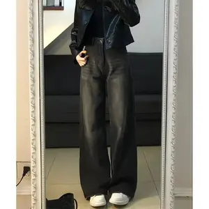Celana jeans Wanita Panjang Loose Korean style baggy Reguler Washed Fit Pria gombrong skena Denim Kancing