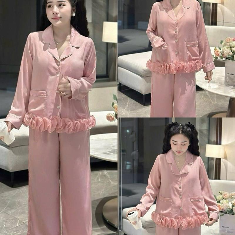 Đồ bộ tiểu thư ren xoắn nút đá sang trọng Pyjama nữ chất vải lụa latin Mềm mịn mát Freesize