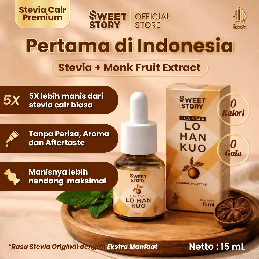 SWEET STORY STEVIA CAIR PREMIUM UKURAN BESAR 15 ML ( UKURAN 15 ML PREMIUM ) 5 KALI LEBIH MANIS DARI STEVIA BIASA. PEMANIS ALAMI PENGGANTI GULA 0 KALORI 0 GULA Bahan Food