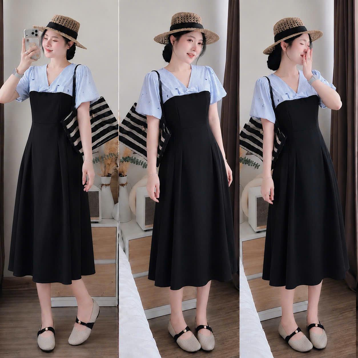Đầm Nữ Bigsize Phối Tay Sọc Cổ V Dáng Xòe Chất Tuyết Mưa Phối Cao Cấp Váy Dài Che Dáng Đi Chơi Dự Tiệc 40-90kg Béo Xinh Shop - B.1819
