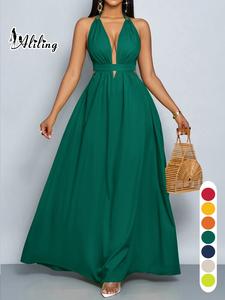 Vestido casual sexy para mujer de primavera/verano, liso, espalda descubierta con lazo, cintura alta, largo, corte holgado y sin mangas; ropa elegante para mujer