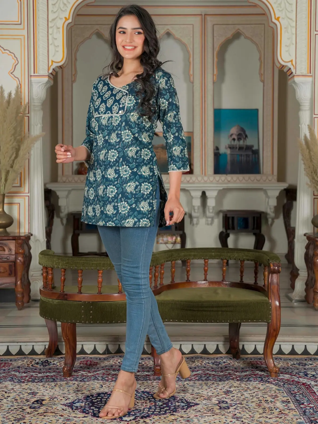 [Ready SG Stock] Navy Blue Print Straight Cotton Top [Indian Casual Dresses]