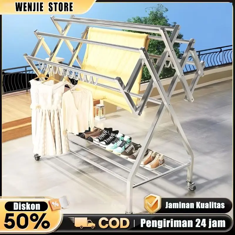 Jemuran baju stainless jumbo 160cm dengan rak sepatu jemuran pakaian stainless kuat anti karat multifungsi untuk rumah apartemen