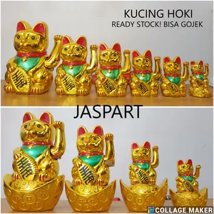 Patung Boneka Kucing Hoki Lucky Cat Yuan Bao Maneki Neko Qian Uang Emas Pao Rejeki