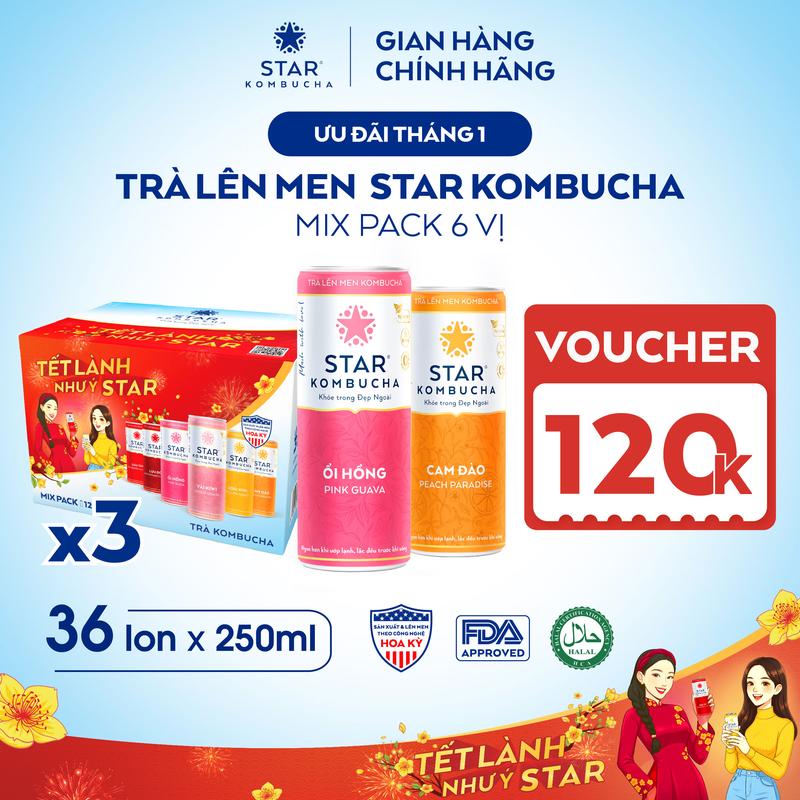  Combo 3 thùng 12 lon trà lên men STAR KOMBUCHA hữu cơ mix vị Tết  250ml lon  - có chứa probiotics từ trà lên men tự nhiên 