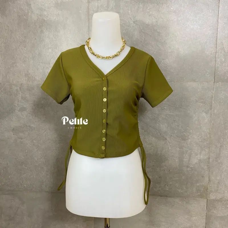 Petitechoice | HANI Top — Atasan wanita knit stretch serut casual slim fitting kancing mati tali crop korean Knitwear  Nyaman Cantik Vneck 6