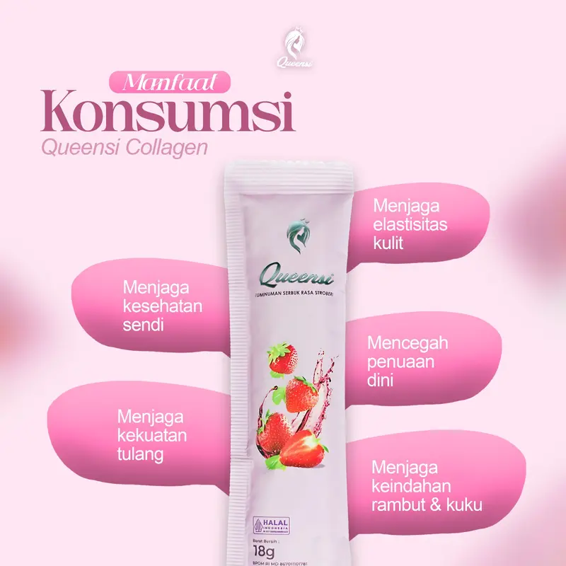 Queensi Collagen Drink - Minuman Kolagen Serbuka Rasa Strawberry dengan Vitamin C dan E Pemutih Badan & Kulit 3