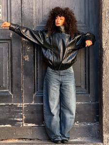 Chamarra de Cuero Sintético Negra con Cuello de Pie, Talla Grande, Elástica, Estilo Urbano, Casual, Manga Larga, Impermeable, Cortavientos, Ropa de Abrigo para Primavera y Otoño, Ropa de Dama para Uso Diario, Abrigos de Invierno para Mujer, Abrigo