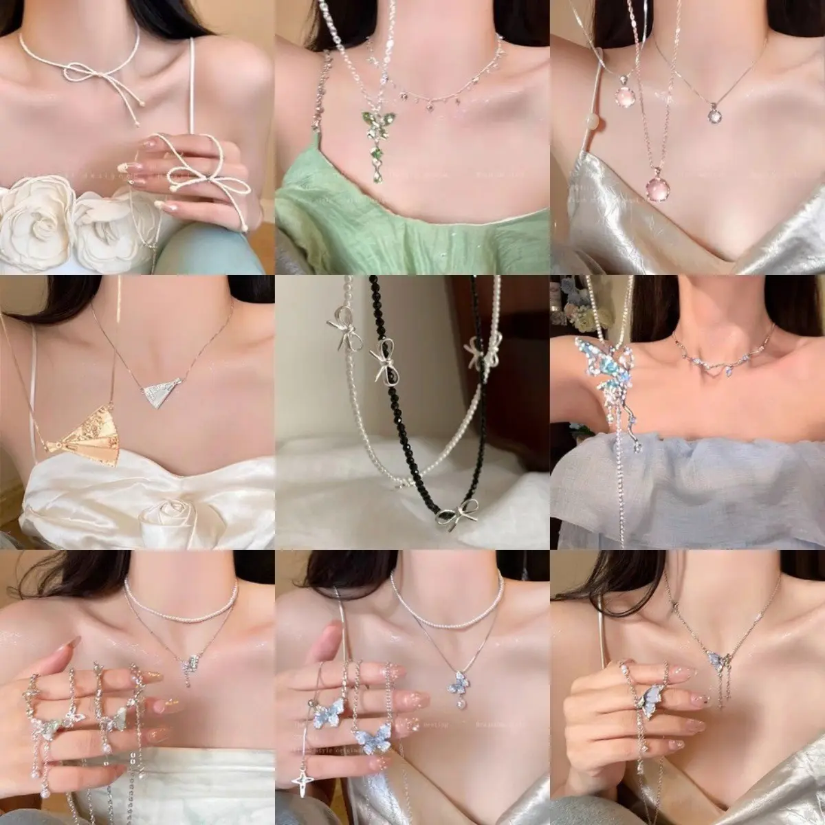 Round pearl patchwork bow necklace for women, fashionable and exquisite, niche collarbone chain, light luxury and high-end necklace