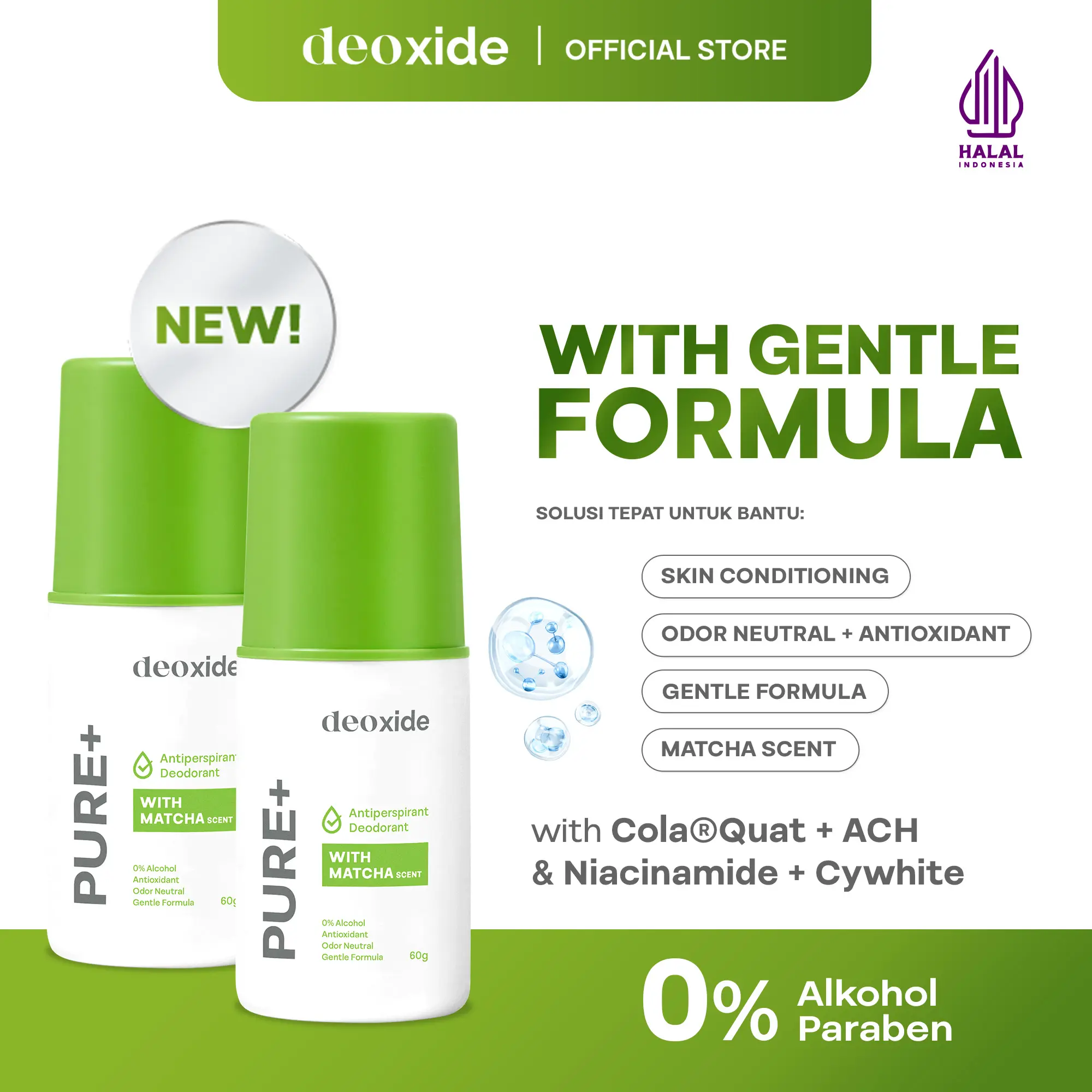 DEOXIDE Pure+ With Matcha Scent Antiperspirant Deodorant Roll On 60 gr 2 Pcs [Twinpack]