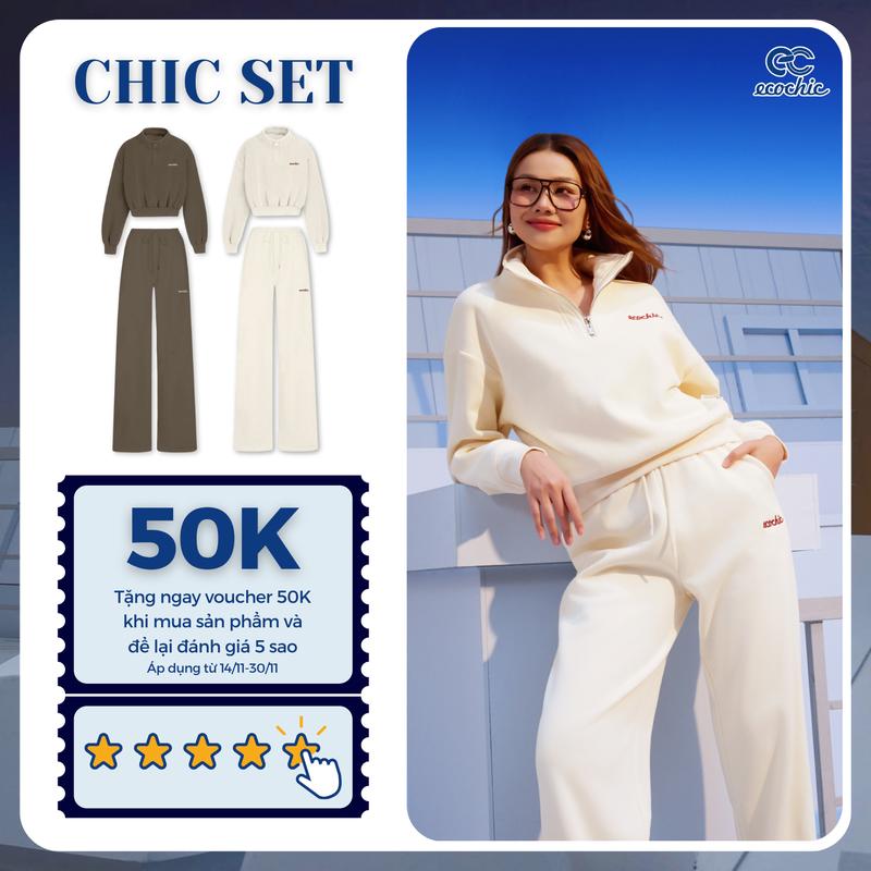  Set Bộ Nỉ Lót Nhung ECOCHIC Áo Cổ Đứng Khoá Zip Ngắn Phối Quần Suông Ống Rộng Chất Liệu Cao Cấp Chính Hãng B200 