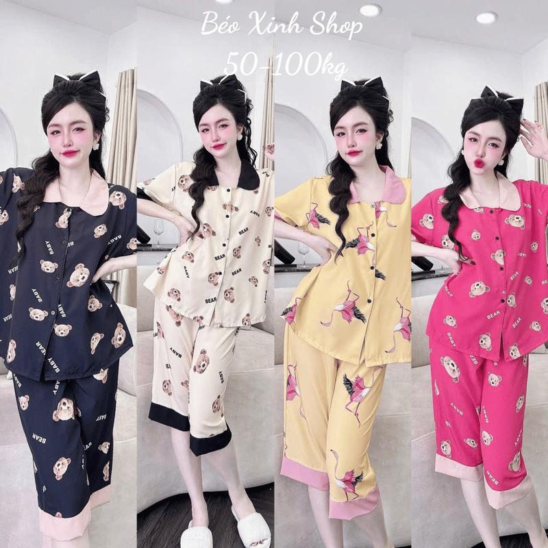  Đồ Bộ - Đồ Ngủ Lửng Pijama Bigsize 50-100kg Vải Lụa Nhật Phối Cổ Sen Tiểu Thư Mềm Mịn Mát Nữ Women Quần Ngủ Áo Ngủ - A.5218 