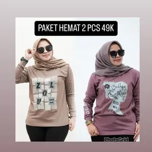 Paket Hemat 2pcs Atasan Wanita Muslimah - Kaos Wanita Lengan Panjang - Atasan Jumbo LD 110cm Bahan Babyterry Premium COD