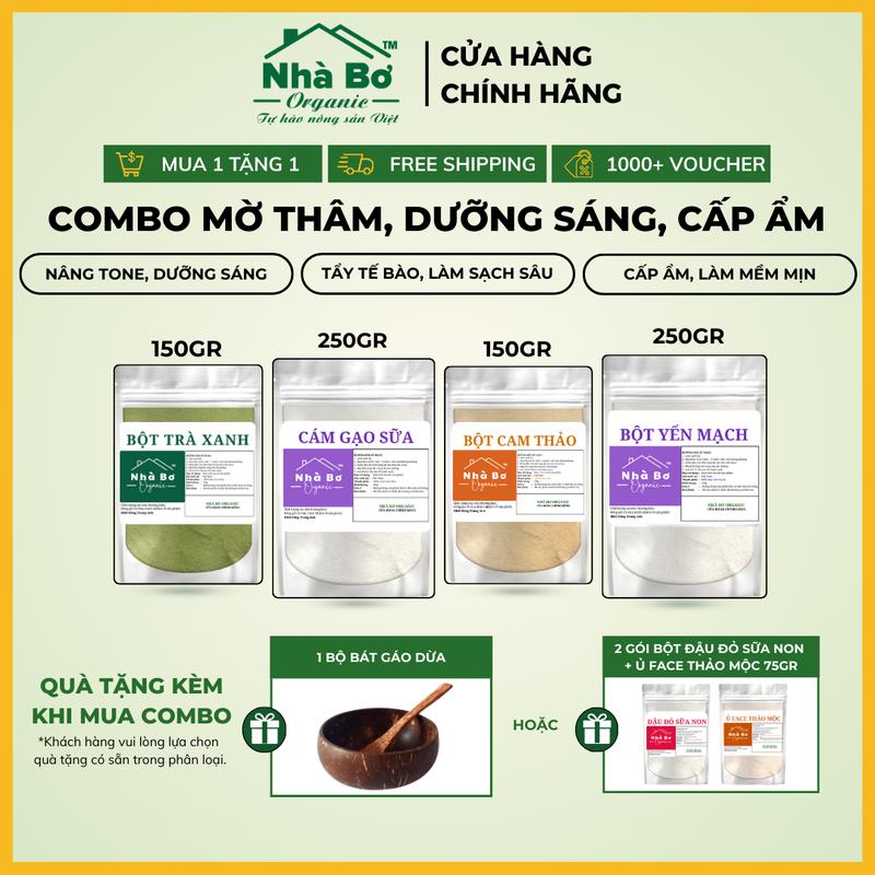 [MUA 1 TẶNG 1] Combo 4 gói 800Gr Bột Nhà Bơ Organic [150g Trà Xanh + 250g Cám Gạo Sữa + 150g Cam Thảo + 250g Yến Mạch] - Giúp Dưỡng Trắng, Cấp Ẩm, Chống Lão Hoá Cho Da Mặt và Body