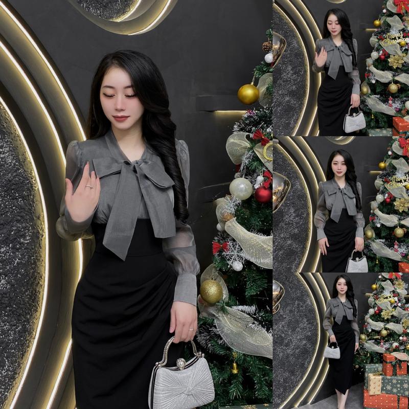  VK21 - Váy Thiết Kế Evii dành cho nữ Đầm thiết kế cổ dây nơ liền phối tơ dáng bút chì xếp ly phần hông phù hợp đi làm đi chơi và đi dự tiệc. Có Bigsize Women Dress 