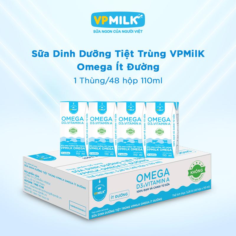   Thùng 48 hộp 110ml  Sữa dinh dưỡng VPMilk Omega ít đường hỗ trợ sáng mắt chắc xương tăng cường trí nhớ dành cho bé và cả nhà 