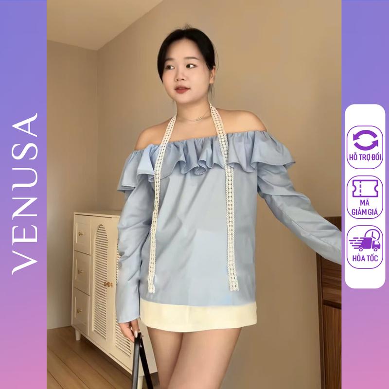 Áo nữ BIGSIZE trễ vai dài tay màu xanh mix dây ren cổ bánh bèo Venusa Store